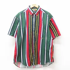XL/古着 トミーヒルフィガー 半袖 ブランド シャツ メンズ 90s ワンポイントロゴ コットン ボタンダウン 緑他 グリーン ストライプ 25apr25