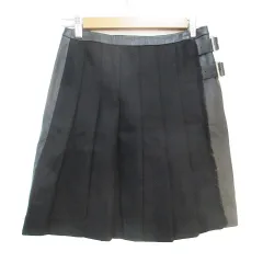 B&Y ユナイテッドアローズ BEAUTY&YOUTH ビューティー&ユース レザースカート ラップスカート ボックスプリーツスカート ひざ丈 ウール 切替 フリンジ ベルト M 黒 ブラック /FF23