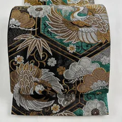 極アンティーク】丸帯 両面全通柄 飛鶴文様 正絹 金 黒 ゴールドブラック