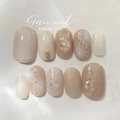 Soft beige ❁ Japanese style nails　ネイルチップ　付け爪　ブライダル　成人式　ブライダルネイル　シンプル　白無垢　和装