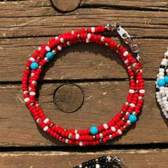ビーズネックレス 赤 ネイティブデザイン ターコイズ