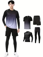 セットアップ 4個セット メンズ ランニングスーツ スポーツ フィットネスジム服 速乾性 衣類装備 朝のランマラソン トラック サイクリング バスケットボール スイムスーツ レディースフィットネス衣類 ジョギングスーツ グレー ブルー レッド