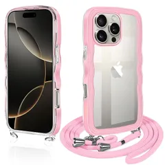 iPhone 16 Pro 用 ケース ショルダー クリア いphone16pro スマホケース カバー アイフォン16 プロ 透明 TPU ストラップ付き 肩掛け 首掛け 紐付き 斜めがけ 創意 個性 可愛い かわいい 韓国 耐衝撃(ピンク)