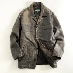 85h28 大きいサイズ☆ Eddie Bauer エディーバウアー レザージャケット コート アウター 本革 XLサイズ ブラウン 牛革 カウレザーのサムネイル