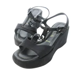 プラダ PRADA ストラップサンダル ウェッジソール ファブリック レザー 革 ロゴ刻印 35.5 22.5cm 黒 ブラック /CK20 ■GY18