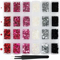 ラインストーン ケース入 ネイル レジン ストーン 大容量 セット ピンセット付 6色 ×4サイズ (ピンクレッドブラック系)