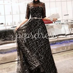 【即日発送】Aライン ロングドレス L｜ブラック ビジュー レース 七分袖 パーティー 二次会 特典BOOK付