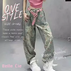 デニムパンツ ワイドパンツ ストレート バラ 花柄 総柄 レトロ レディース 韓国ファッション ユニーク B系 個性的 かっこいい インパクト 衣装
