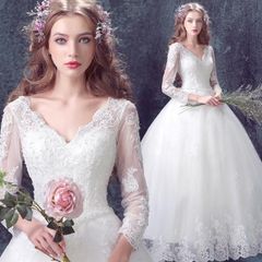 Aライン ウェディングドレス 長袖 Vネック ホワイトドレス レースドレス ブライダル 結婚式ドレス 披露宴 挙式 編み上げ キレイめ 花嫁ドレ