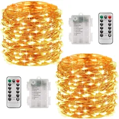 【２個セット】LEDイルミネーションライト電池式 100球 10m リモコン付属 8パターン タイマー機能 調光可能 ledジュエリーライトクリスマス 飾り 正月 誕生日 結婚式 パーティー 電飾 室内 室外兼用(ウォームホワイト 2pcs リモコン付)