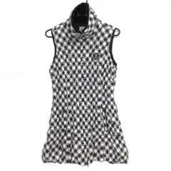 ★SALE価格★【美品】フィラゴルフ 中綿ノースリーブワンピース 黒×白 総柄 ネック内側ボア ロゴワッペン レディース M ゴルフウェア FILA GOLF