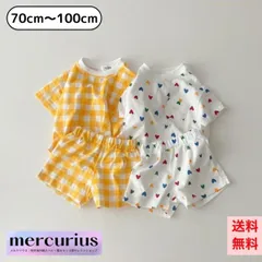 【イエロー/80size】ベビー服 キッズ セットアップ 上下セット 半袖 シャツ 半ズボン 女の子 男の子 チェック ハート ポップ 70 80 90 100
