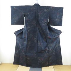 紬 着物 単衣 花模様 紺色ｘ黄色ｘ赤色ｘ多色 広衿 正絹 仕立て上がり着物 身丈165cm