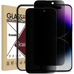 【特売】Esanik iPhone14 Pro 用 覗き見防止 ガラスフィルム 2枚セット 硬度9H 飛散防止 指紋 気泡 反射 キズ防止 旭硝子製 高透過率 ガイド枠付き 貼り付け簡単 6.1インチ対応 保護フィルム 強化ガラスフィルム のぞき見防止フィルム
