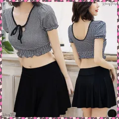 送料無料 ギンガムチェック水着セット露出控えめ水着 スイムウェア ハイウエスト パンツ付きミニスカート 2点セット水着大人可愛い フリル水着 盛れる セパレート 水遊び水着 リゾート サマー海 背中見せ水着韓国風 ギャザー水着セット