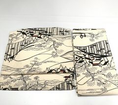 【中古】作り帯 正絹 白地に風景模様