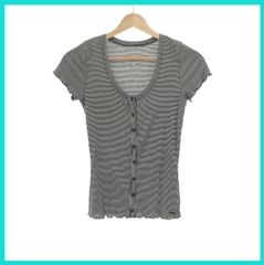 美品 HOLLISTER ホリスター カーディガン トップス 半袖 フレンチスリーブ Uネック ボタン カジュアル おしゃれ レディース ブラック ボーダー S 送料無料 古着