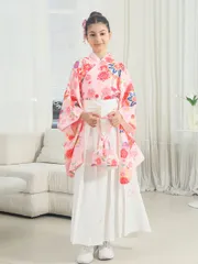 着物 袴セット女の子 ジュニア 4点セット( 単衣+袴+ハンドバッグ+髪飾り ）卒業式