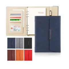 【在庫処分】カード収納 ビジネス手帳 メモ帳 リフィル付き 三つ折り a5サイズ 手帳カバー ルーズリーフ手帳 バインダー ノート リング 革 PUレザー (青い) 6穴 a5 システム手帳 ALLMIRA