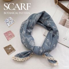 スカーフ レディース ボタニカル 花柄 正方形 70×70cm 大判 おしゃれ シルク調 ポリエステル 洗濯しやすい ネッカチーフ バンダナ オフィス カジュアル 制服 かわいい 可愛い 韓国スタイル ホワイト ネイビー ピンク ブラウン 髪飾り バッグ