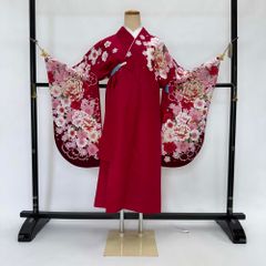 二尺袖 単品 卒業式着物 赤 裄68.5cm Lサイズ  袴用着物 化繊 中古 4531