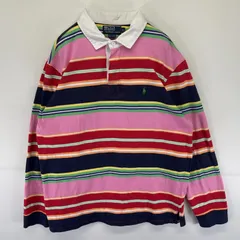 古着 ポロバイラルフローレン Polo by Ralph Lauren 長袖 ラガーシャツ ワンポイントロゴ刺繍 ボーダー XL  ピンク メンズ