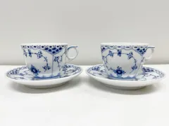 美品 ロイヤルコペンハーゲン ブルーフルーテッド ハーフレース コーヒーカップ＆ソーサー コップ 2客セット ペアカップ 洋食器 (他347)