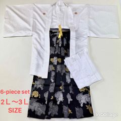 紋付袴 6点セット 着物 羽織 袴 長襦袢 羽織紐 角帯 裄77.5cm 袴丈93.5cm 2L〜3L 白 五つ紋 中古 4506