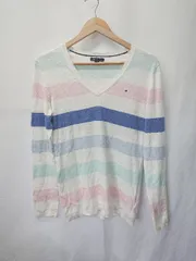 ◇ ⊇ TOMMY HILFIGER トミーヒルフィガー ボーダー Vネック 長袖 ニット セーター サイズM ホワイト マルチ レディース E  【1409250036347】