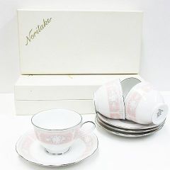Noritake ノリタケ レースウッド シルバー カップ＆ソーサー 4客セット 口径約9cm ピンク 箱付き Z0021-0522②