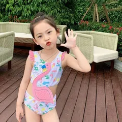 子供水着 90~140CM 花柄 フリル ワンピース水着 フラミンゴ みずぎ ジュニア キャップ付き 女の子 ガールズ FLAMINGO スクール水着 子ども ラッシュガード水着  vii3w984712