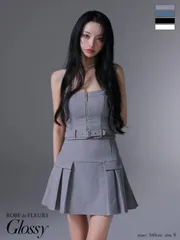 ブルーグレー[GL3943-B-2506]XSサイズあり【Glossy/グロッシー】センタージップ/ ベルト/ セットアップ/ プリーツ/ フレア/ ミニドレス/ キャバドレス