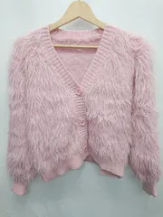◇ ⊆ me+em select ミームセレクト ファー 長袖 ニット カーディガン サイズF ピンク レディース E  【1503040001680】