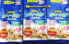 アースペット ジョイペット ボディタオル つめかえ用 お徳用 100枚入 × 3個（開封口止め用シリコン輪ゴム付き）