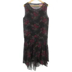 ポロ ラルフローレン POLO RALPH LAUREN フレアワンピース ミモレ丈 ノースリーブ ラウンドネック 切替 花柄 マルチカラー 0 XS 黒 赤 ブラック レッド /FF8 ■GY19