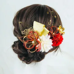 新品【和風髪飾り 着物髪飾りセット 金×赤 水引アレンジ】成人式 卒業式 結婚式 写真撮影 着物 振袖用 和風ヘアアクセサリー