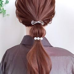 【 2点セット】シルバー リボン パール ポニーフック ヘアカフ 重ね付け ヘアアクセサリー 髪飾り メタル まとめ髪