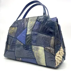 良品<!-利用不可文字-!>トートバッグ ハンドバッグ 腕掛け リアルエキゾチックレザー パッチワーク マルチカラー 青