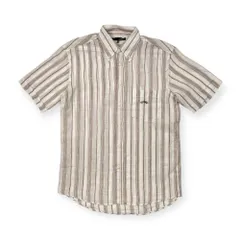 麻100% Les Copains レコパン ストライプ 半袖 リネン シャツ サイズ 41/16 /ホワイト×ブラウン系
