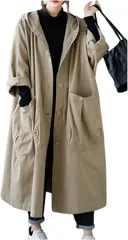 Lilly chocolate リリー ショコラ ロングコート レディース 春 カジュアル アウター 上着 羽織もの ステンカラー 薄手 ポケット ボタン フード付き シンプル 動きやすい(ブラウン,  L)