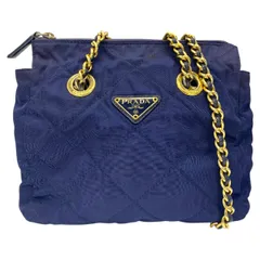 プラダ ショルダーバッグ チェーンバッグ ダブルチェーン 肩掛け 斜め掛け 三角ロゴ キルティング ナイロン ネイビー PRADA レディース 高級感 上品デザイン 人気モデル