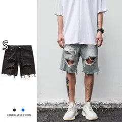 [S]秋冬 コーデ メンズ  服 シンプル ファッション オシャレ 大人 かっこいい 大きいサイズ ストリート 紳士服  アメリカン ストリート リップド ウォッシュ ロー エッジ パンツ カジュアル 五分丈
