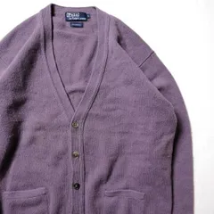 90's ポロラルフローレン ポケット付 ウールニット カーディガン (L) プラム系 薄紫系 90年代 旧タグ オールド POLO　アメリカ古着 USED  ビンテージ ヴィンテージ
