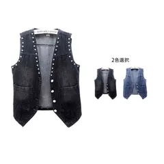 デニムベスト レディース 春秋 ベスト ショ-ト丈 飾り付き ダメージ デニム ノースリーブ ベスト 無地 トップス デニムジャケット シンプル カジュアル おしゃれ フェミニン 普段着 ダンス衣装 #llx1057