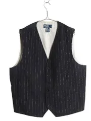 【お得なクーポン配布中!】 90s ポロ ラルフローレン テーラード ベスト メンズ XL オールド ストライプ コットン ウール シルク 前開き 重ね着 ノースリーブ ジレ 紺