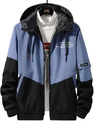 emptio エンプティオ フード付き アウトドア ジップアップ ジャケット メンズ 襟なし 軽量 プリント アウター ライン バックプリント ワンポイント フィット アルファベット ジャンパー オーバーサイズ もこもこ(ブルーブラック,  L)