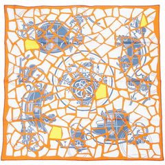 エルメス　HERMES　コットン/シルク　バンダナ/スカーフ　カレ６５　エクスリブリス　アン　モザイク　オレンジ/白/イエロー　未使用品