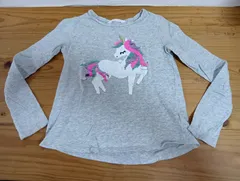 USED【H&M】メランジグレー地にユニコーンのフロント・スパンコール飾り ロンスリT （サイズUS　8-10Y）328.