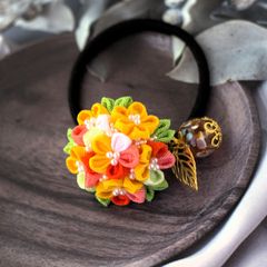 ❁つまみ細工大人かわいい菜の花ブーケ＆とんぼ玉ヘアゴム❁ハンソメイドアクセサリー・着物・浴衣和装髪飾り・卒業式・卒園式・入学式・入園式・季節行事・和風ヘアゴム