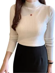 Dep Club 肌触りが良い リブニット レディース 長袖 タイト セーター タートルネック カジュアル トップス 薄手(ホワイト,  Free Size)